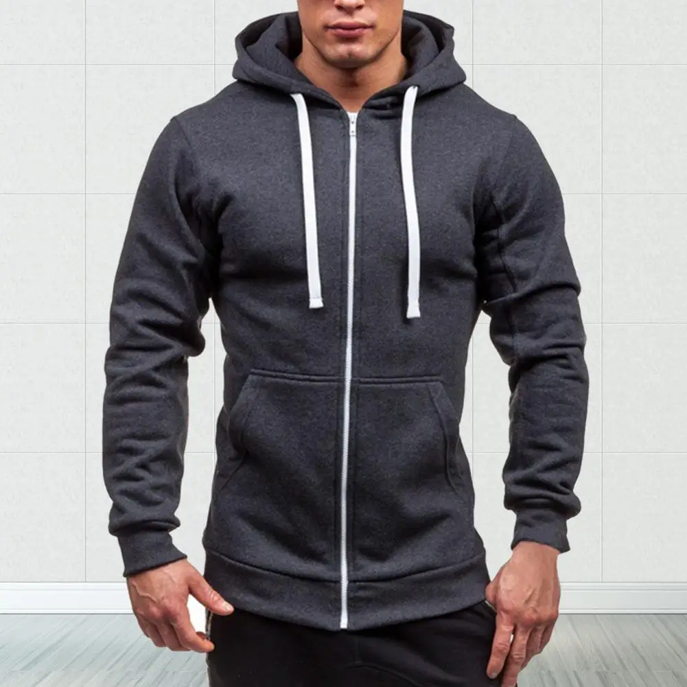 

Sweatshirt Slim Casual Hooded Men Jacket Solid Color Zipper Closure Tracksuit Fit Male Clothing