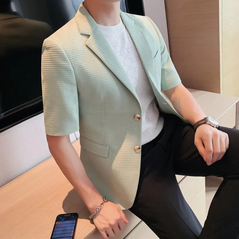 

2022 Handsome Well Fitting New Men Blazer Stylish Male Solid Simple Style Male Tops Short Sleeved Suits Coats Tops S-4XL