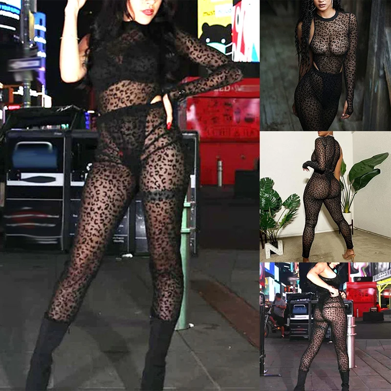

ASDS-Transparent Leopard Mesh Printed One-Sleeve Irregular Jumpsuit Sexy Turtleneck High 2-Piece Jumpsuit Casual Suit