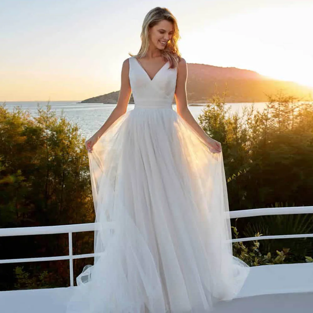 

Simple Robe De Mariage 2022 Nouveauté V-Neck Sleeveless Backless Wedding Dresses Tulle A-Line Sweep Train Vestido De Noiva