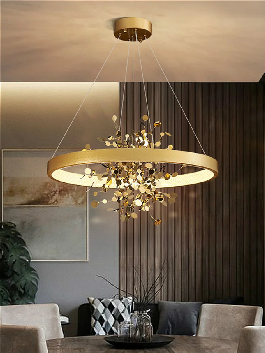

Modern Luxury Golden Stainless Steel Dining Room LED Chandelier Lighting Nordic Single Circle Design Round Crystal Hanging Lamp