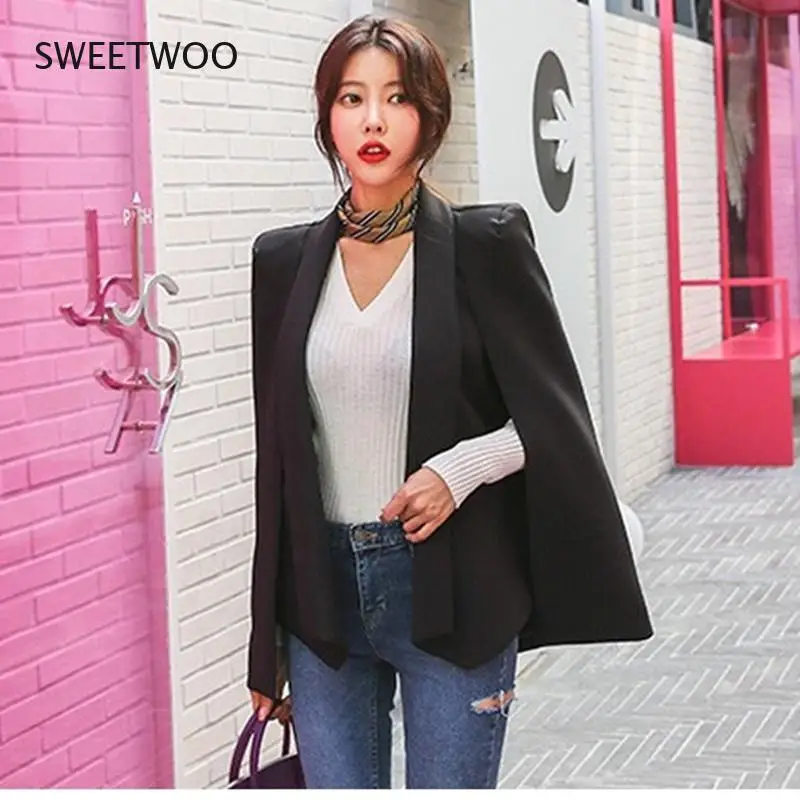 Spring Autumn Cloak Cape Blazer Women Poncho Coat Notch Lapel Split Long Sleeve Casual Clothes Suit Jacket Female Outwear Tops