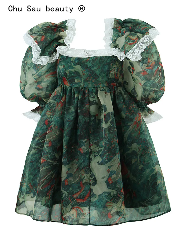 

Женское винтажное мини-платье из органзы, короткое Кружевное платье с квадратным вырезом и принтом, с пышными рукавами, весна-лето 2023