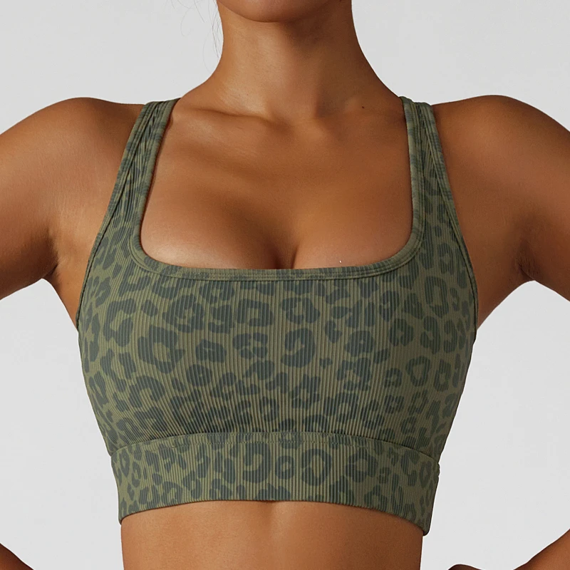 

X-HERR Square Neck Ribbed Leopard Sports Bra for Women Racerback High Impact Yoga Workout Bras 2022 Female Exercise Fitness Top