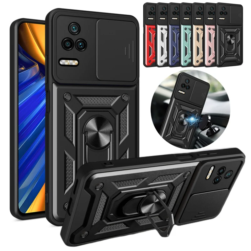 

For Xiaomi Poco F4 5G Case Slide Camera Protect Armor Phone Case For PocoF4 Poxo Poko Little F4 F 4 Car Magnetic Ring Back Cover