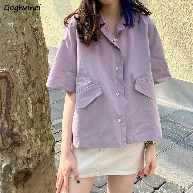 

Shirts Women Solid Pockets Kawaii Harajuku College Gentle Basic Ins Ulaazng Рубашки Mujer Breathable Summer New Sweet Retro Chic