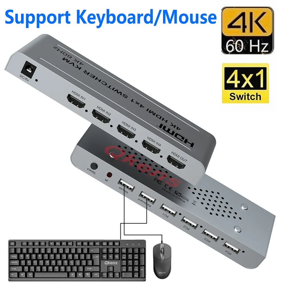 

4K 60hz 4x1 HDMI KVM Switcher 4 In 1 Out Video Converter Support USB Keyboard Mouse Share DVD Laptop PC Computer To TV Projector