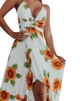2021 new womens halter printed irregular large swing dress sunflower printed mid mid length dress sleeveless bohemian dress