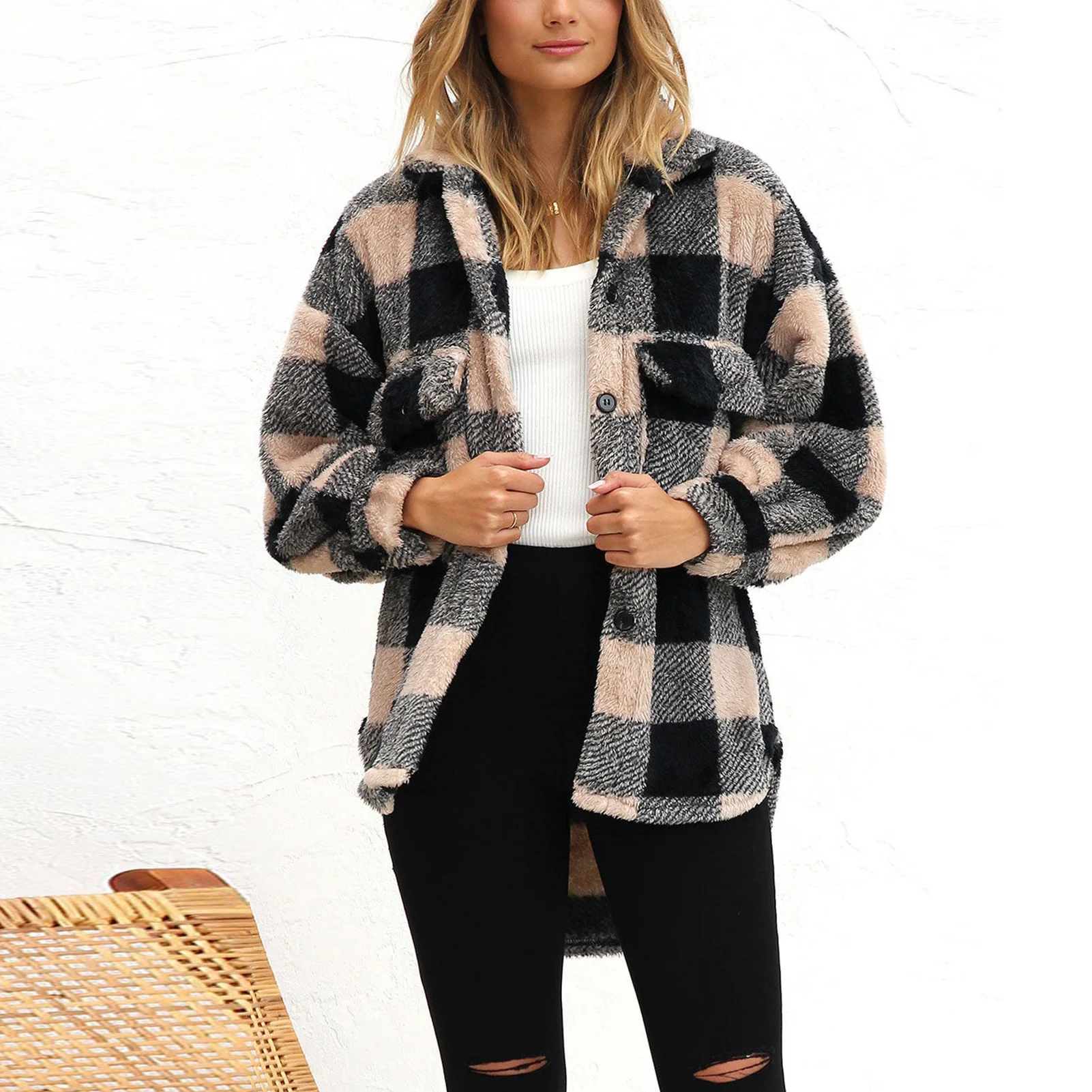 

Women Oversized Jacket Plaid Ladies Long Sleeve Jacket Single Breasted Faux Fur Jacket Thick Drop Shoulder Casual Daily Outfit