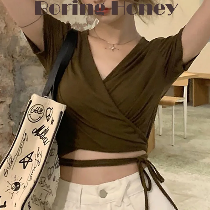 

Boring Honey Korean Style Slim Fit Be All-Match V-Neck Chic Short Tops Women's T-Shirt Lace-Up Short Sleeves Tops Women Clothi