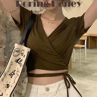 boring honey korean style slim fit be all match v neck chic short tops womens t shirt lace up short sleeves tops women clothi