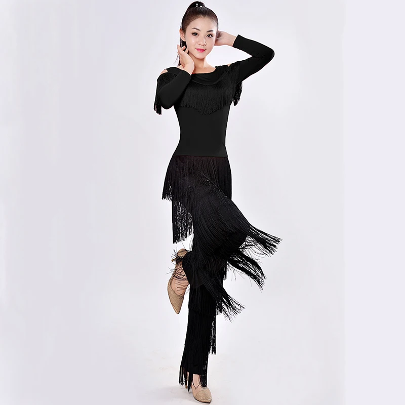 

New 2021 Latin Modern Dance Suits Women/girls Sexy Fringes Long Pants Ballroom/tango/rumba/latin Dresses Clothings For Dancer