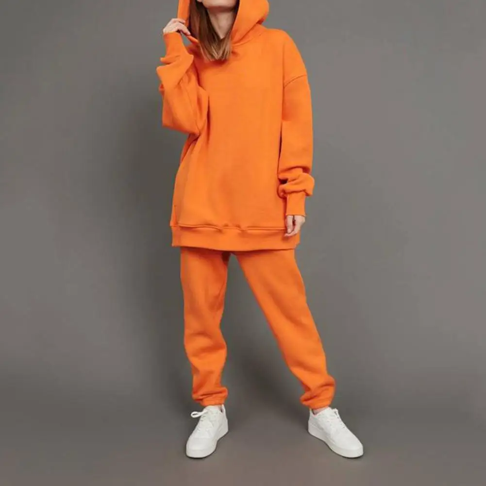 

Элегантный свитшот с капюшоном и спортивные брюки, Женский Повседневный однотонный костюм с длинным рукавом, модный спортивный костюм, сво...