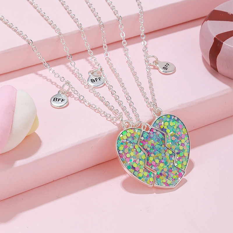 

3Pcs/set Glitter Sequins Peach Heart Pendant Necklace for 3 Girls Besties Friendship BFF Necklaces Best Friend Jewelry Gifts