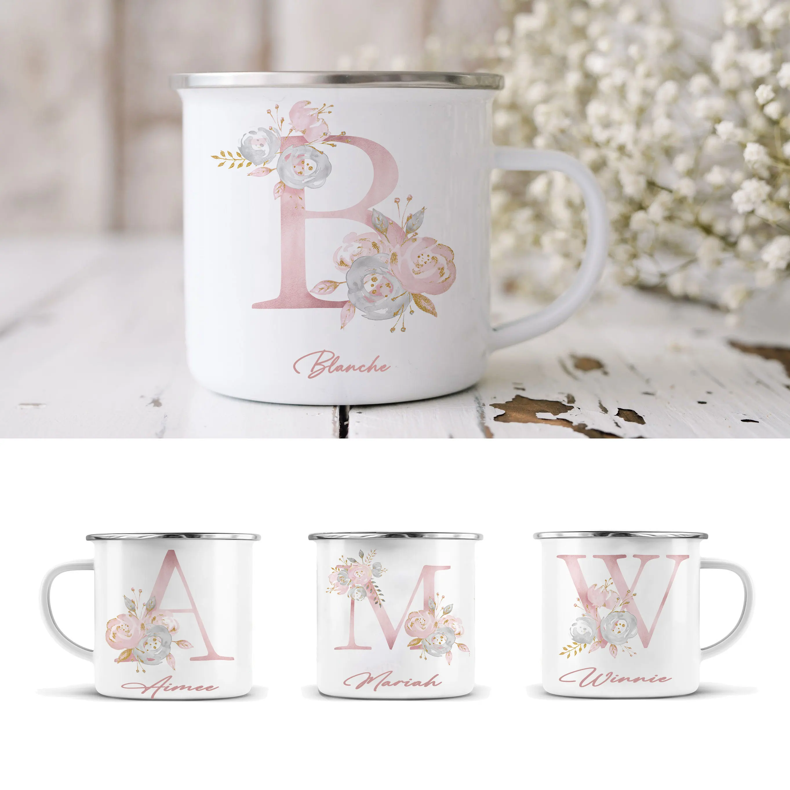 

Персонализированные розовые цветочные инициальные кружки, милая эмалированная кофейная кружка, чашка для молока, напитков и сока, подарки на день рождения, День матери, свадьбу