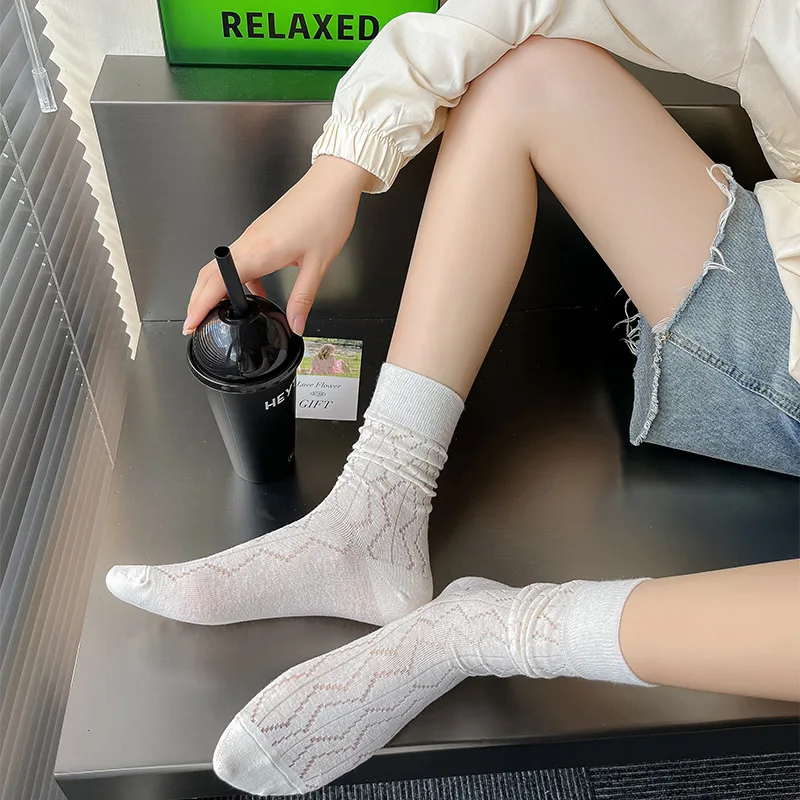 Mitu ballet style openwork socks Gentle cream cotton socks children Summer thin Japanese medium barrel stack socks