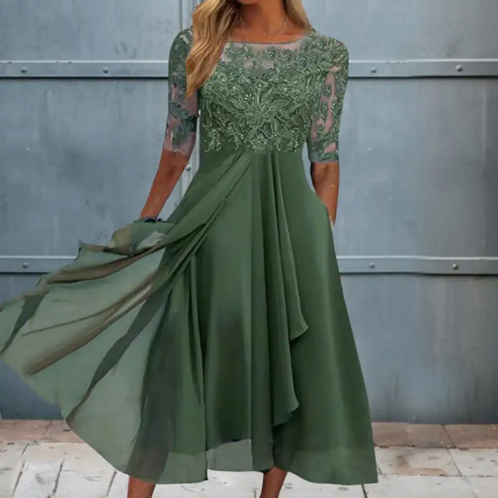 

Popular Wedding Dress A-Line Guest Dress Waist Tight Hollow Crochet Lace Patchwork Elegant Long Dress Half Sleeve