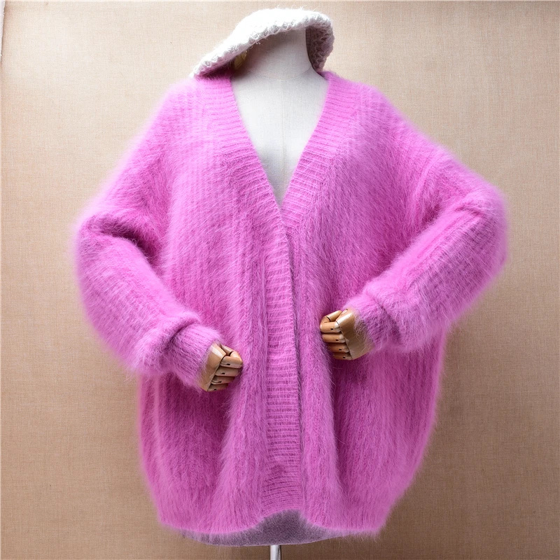 

Female Women Fall Winter Clothing Hairy Mink Cashmere Knitted Long Sleeves V-Neck Loose Cardigans Angora Fur Mantle Sweater Coat