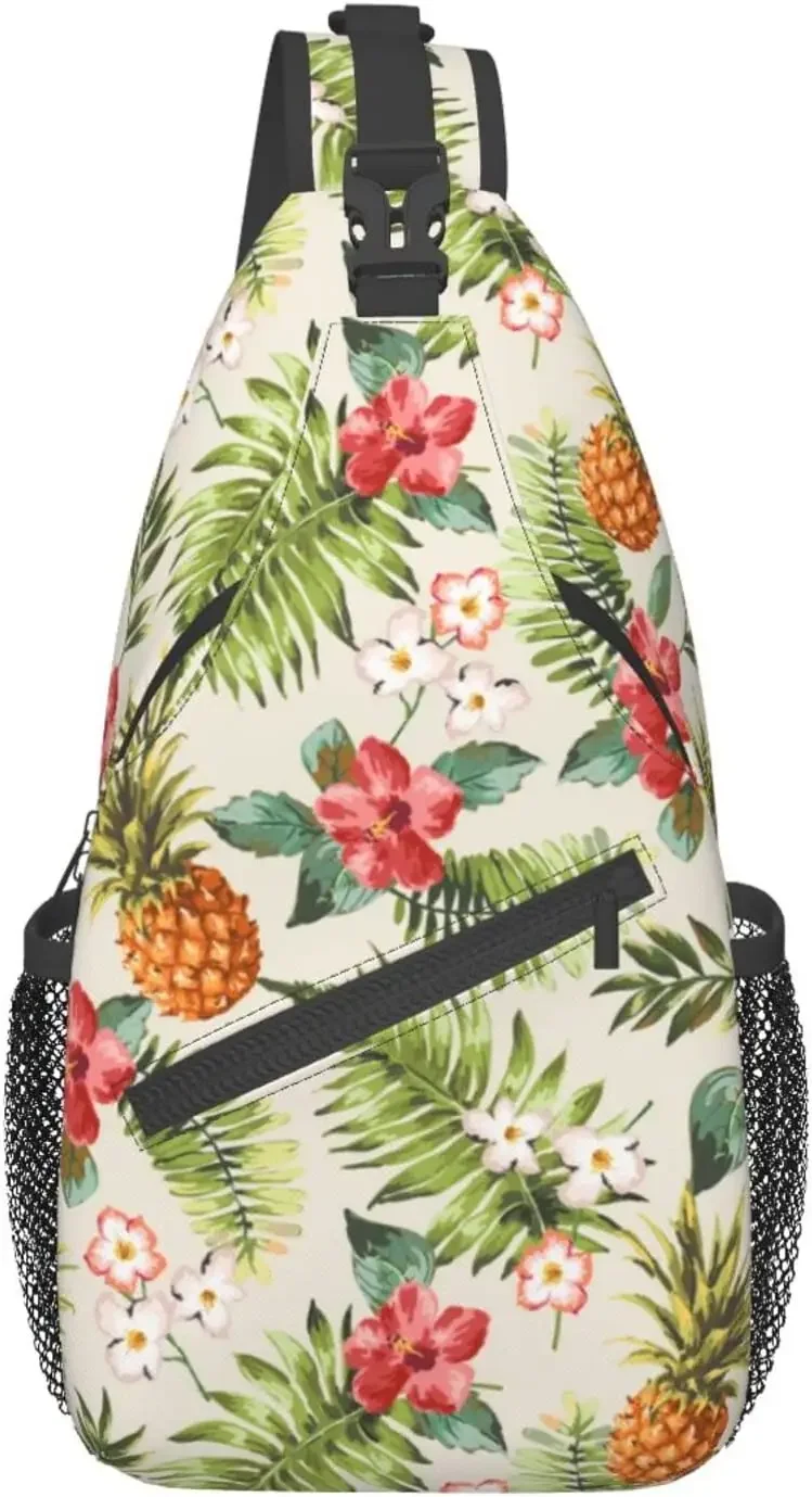 

Tropical Pineapple Sling Bag Crossbody Backpack Hawaiian Pineapples Seamless Pattern Tropical Palm Leaves And Flowers Chest Bag