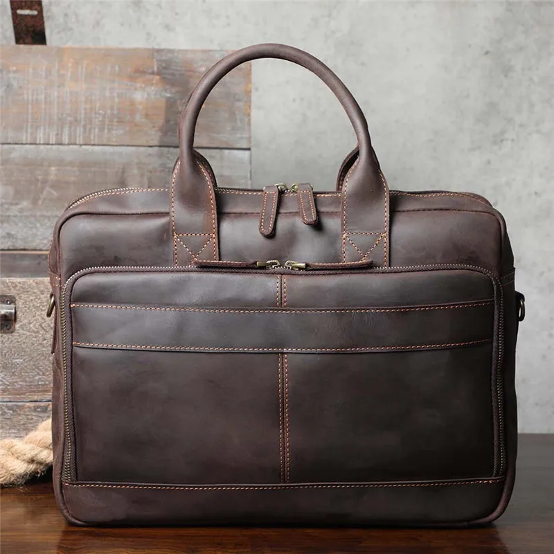 Retro fashion handmade designer crazy horse cowhide men 14 inch coffee briefcase outdoor office laptop computer business handbag