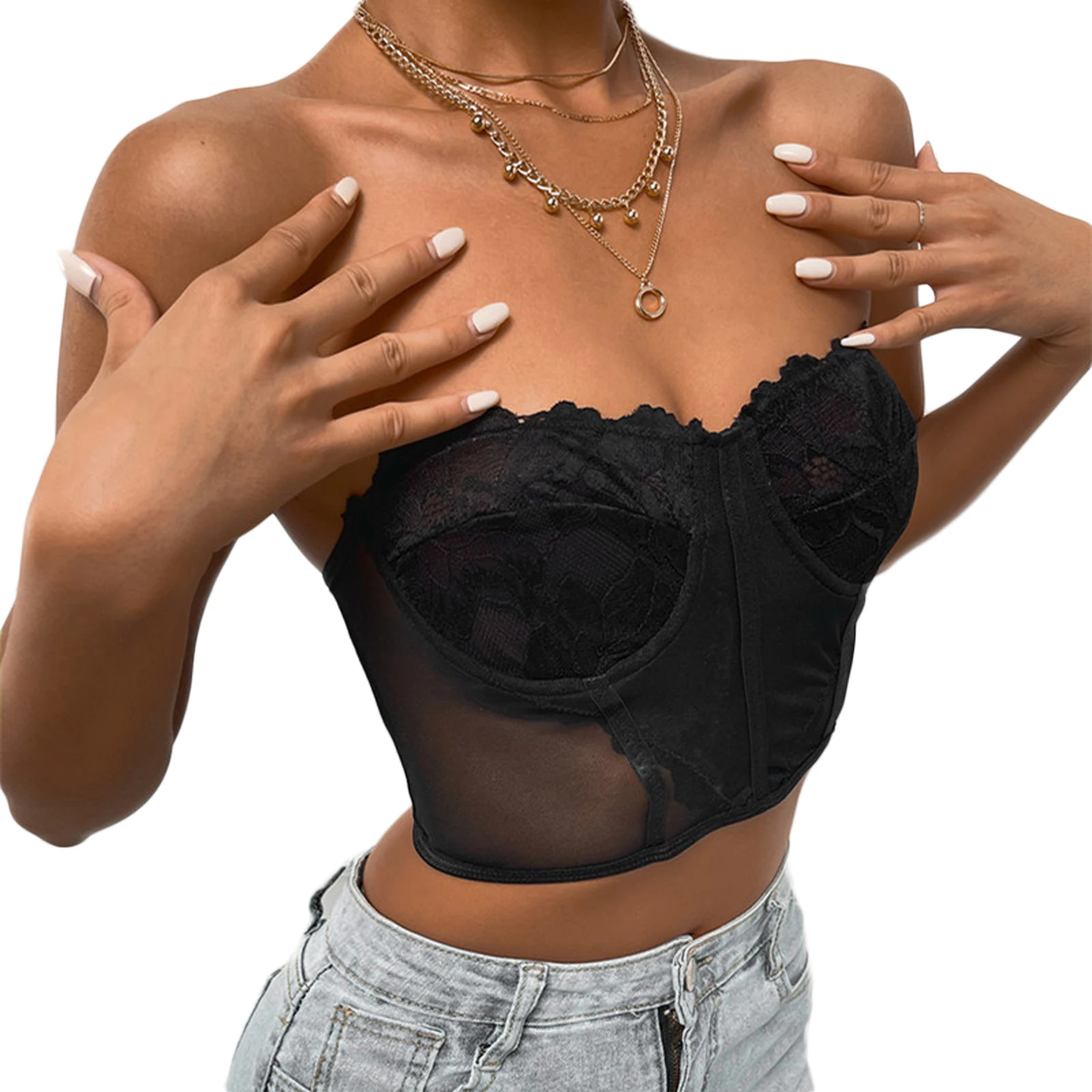 Женский Короткий кружевной топ-бандо без бретелек с цветочным кружевом летний