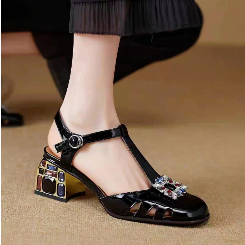 

Real Soft Leather Women's Baotou Sandals with Thick Hollow Heels with Hollow Shoes and Non-slip Shoes New Tide Women's Shoes