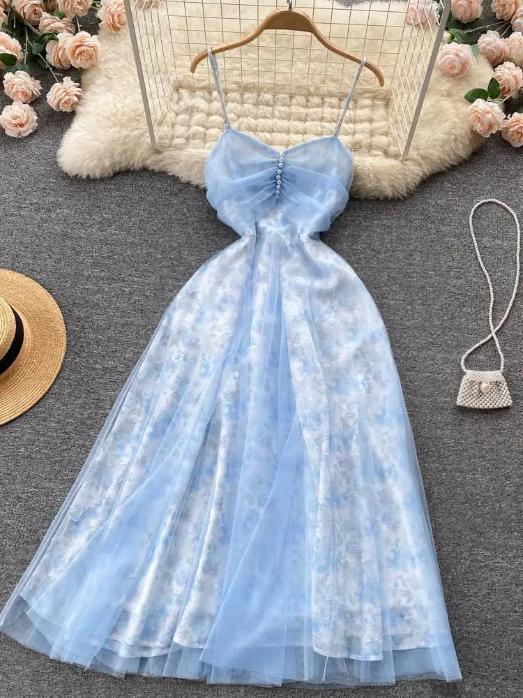 

ZCWXM Summer Off Shoulder Mesh Dress Women Vestido Sexy Spaghetti Strap Floral Beading Sleeveless Slim Elegant Long Dress