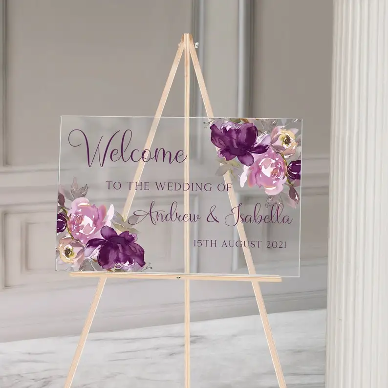 

Acrylic Floral Purple Welcome to Our Wedding Sign Design, Welcome To Our Wedding Personalised Sign, Acrylic Personalised Sign