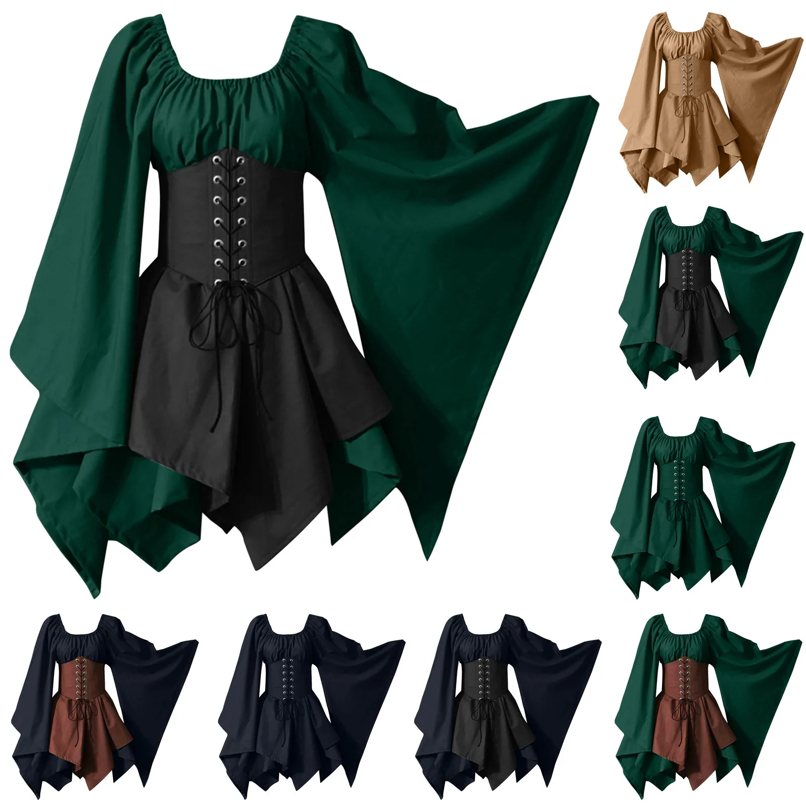 

2023 New Dress Medieval Costume For Womens Trumpet Sleeve Irish Shirt Dress With Corset Traditional Dress Vestido Robe Mujer