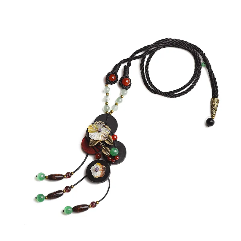 

Vintage Sweater Chain Long Necklace Wood Piece Creative Handmade Ornament