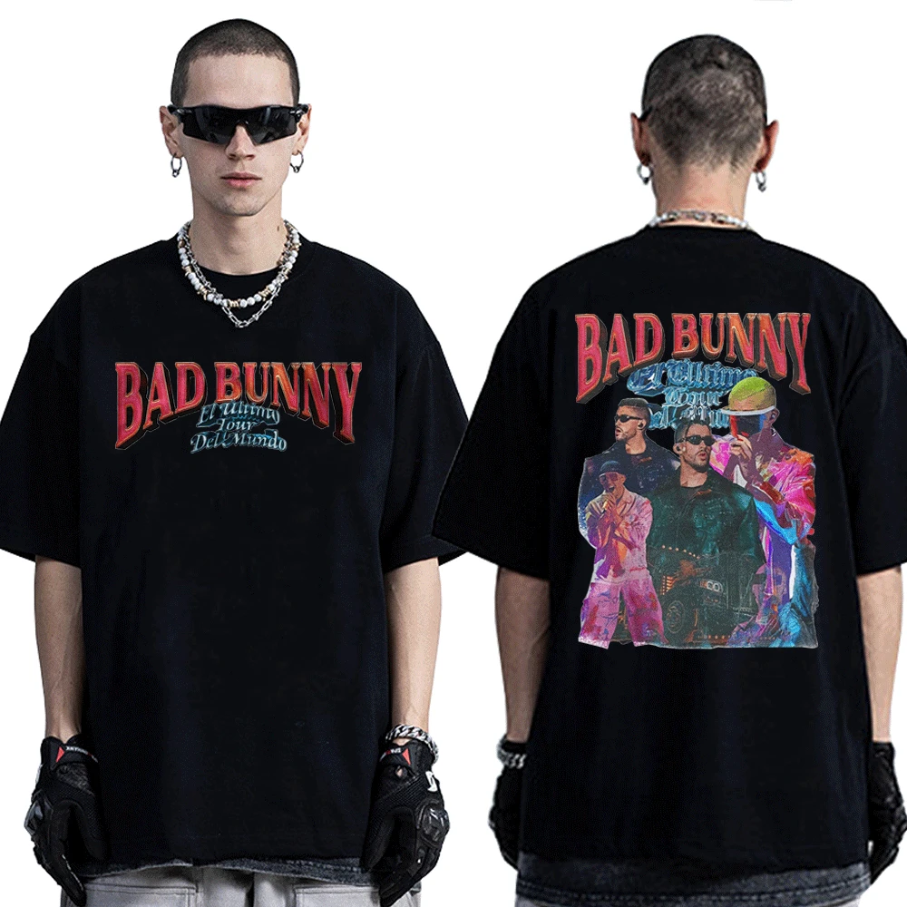 

Bad Bunny El Ultimo Tour Del Mundo 2032 Vintage Streetwear Black T Shirt Men's 2022 Concert Bad Bunny Tees Hip Hop Trend T-shirt