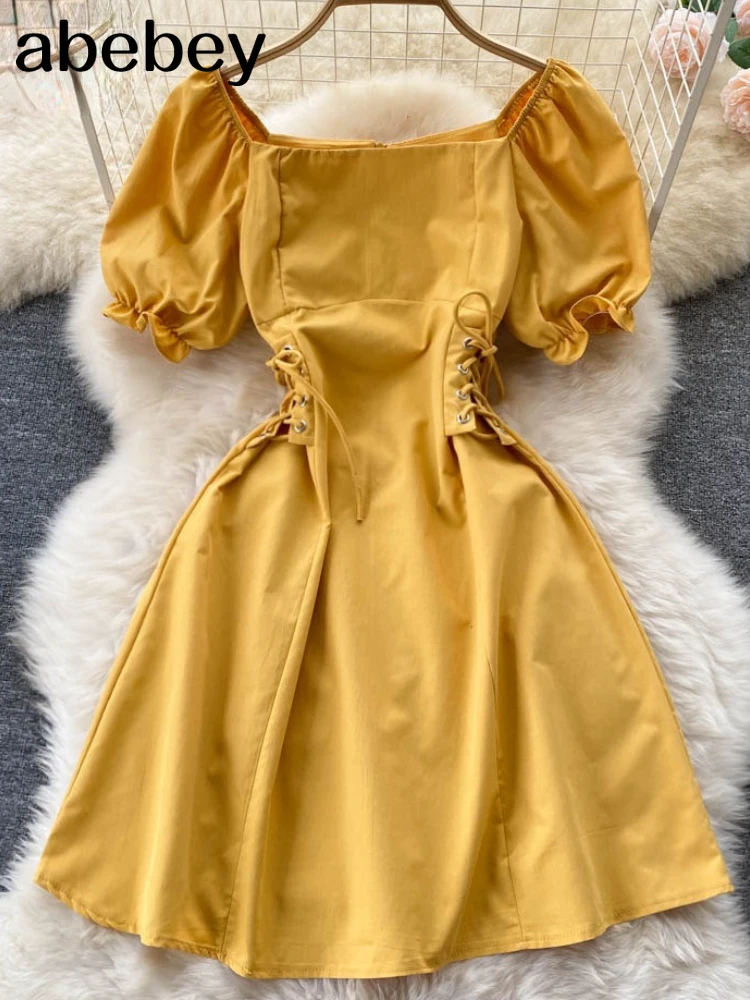 

2022 Square Neck Summer Dress Women Short Sleeves Lace up Elegant Sundress Vintage Fashion A-Line Beach Midi Dresses Casual