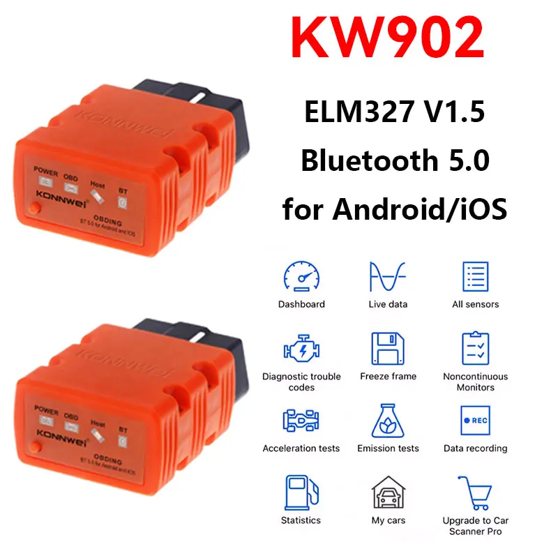 

KONNWEI KW902 Bluetooth 5.0 ELM327 V1.5 Автоматический сканер OBD2 Автомобильные диагностические инструменты ELM 327 V 1 5 OBD 2-кодовый считыватель для Android iOS