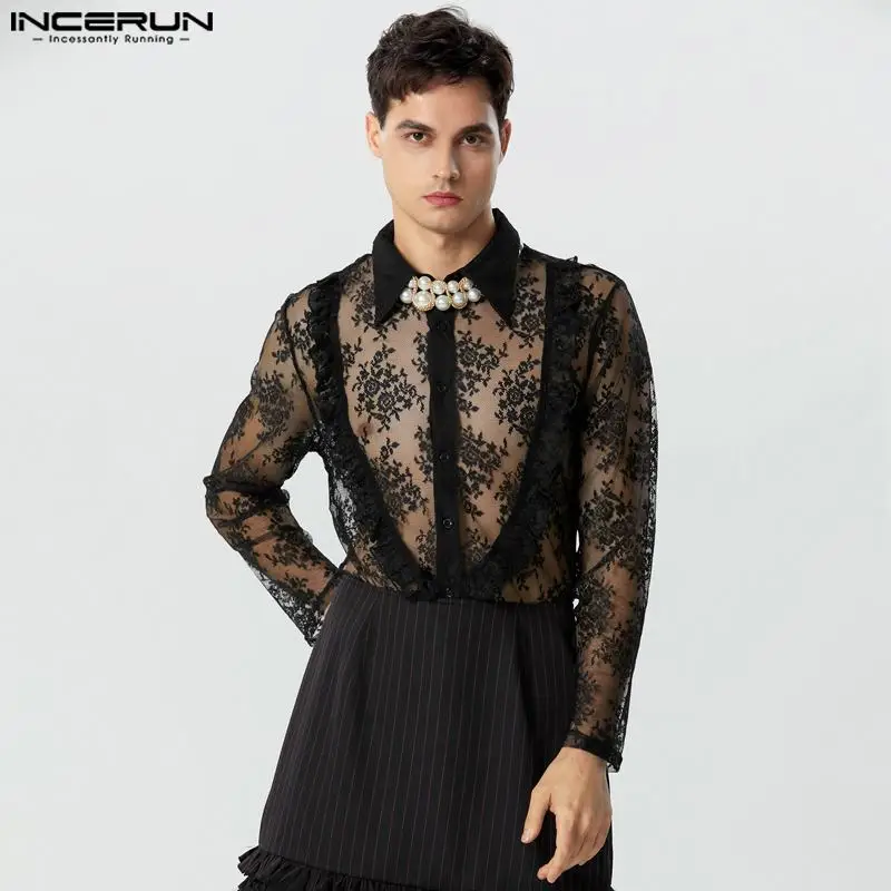 

Мужская сетчатая кружевная прозрачная рубашка с отворотом и длинным рукавом