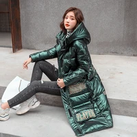 printing winter x long jacket for women hooded shiny female cold coat hooded stand collar with zipper womens parkas