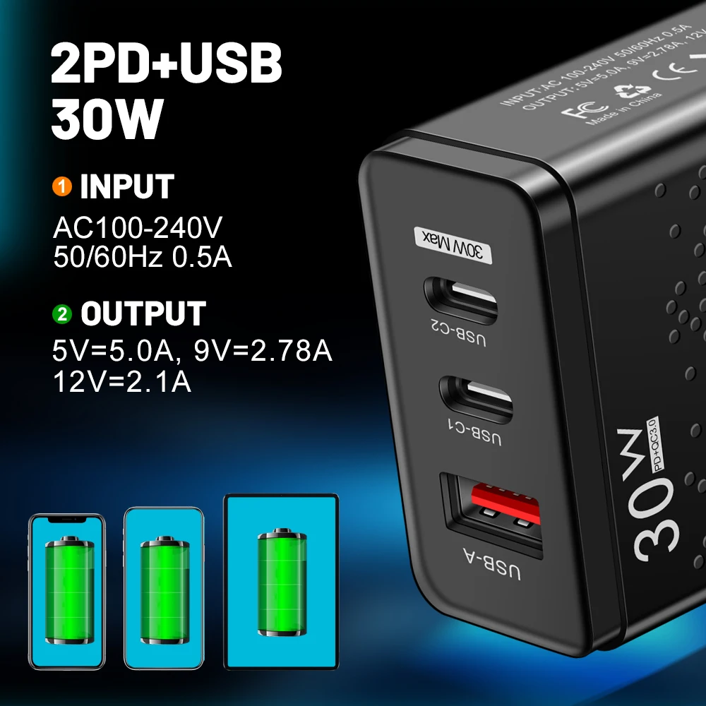 Фото Olaf Зарядное устройство USB Type C 30 Вт PD Быстрая зарядка 3 порта Быстрая зарядка 3.0 мобильный телефон адаптер питания USB C зарядные устройства для ... №4