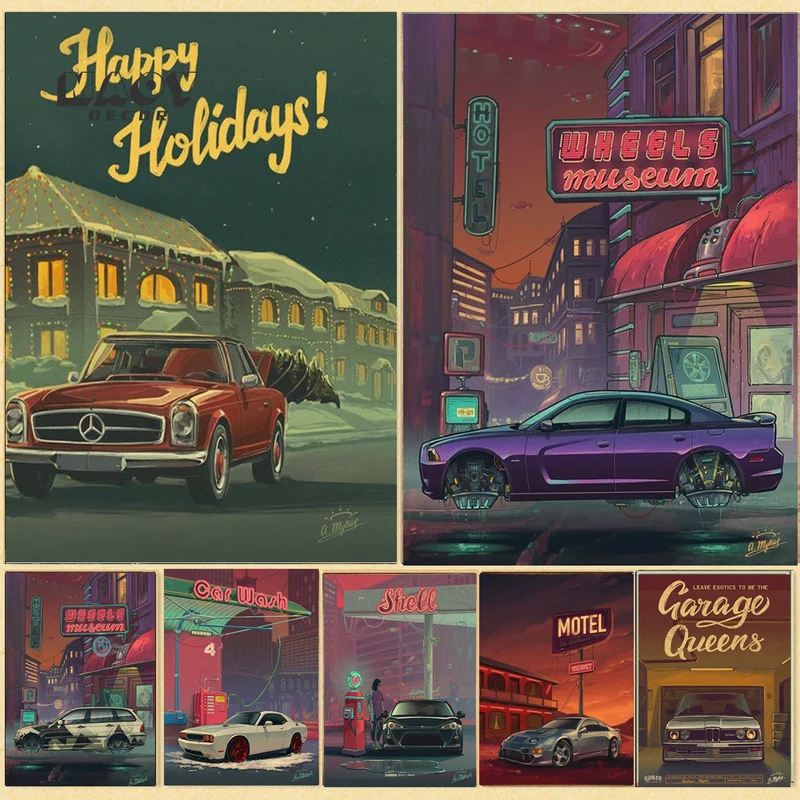 

Рамка для мойки автомобиля, Постер Synthwave Neon 80S, колеса, музейные автомобильные гонки, крафт-бумага, живопись, настенное искусство, домашний де...