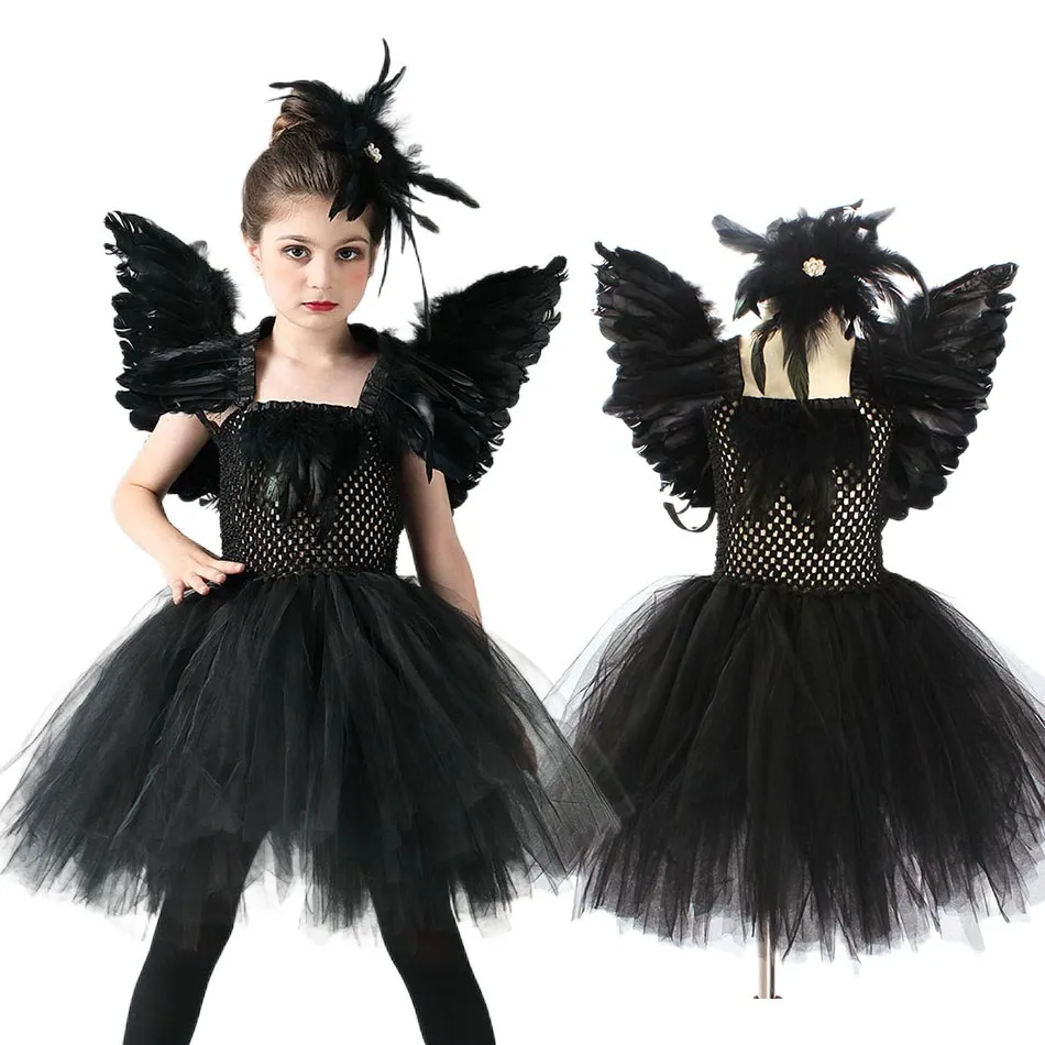 

Halloween Girls Devil Queen Costume Kids Wicked Witch Tutu Dress Children Fairytale Outfits Cosplay Black Dress 2-10T