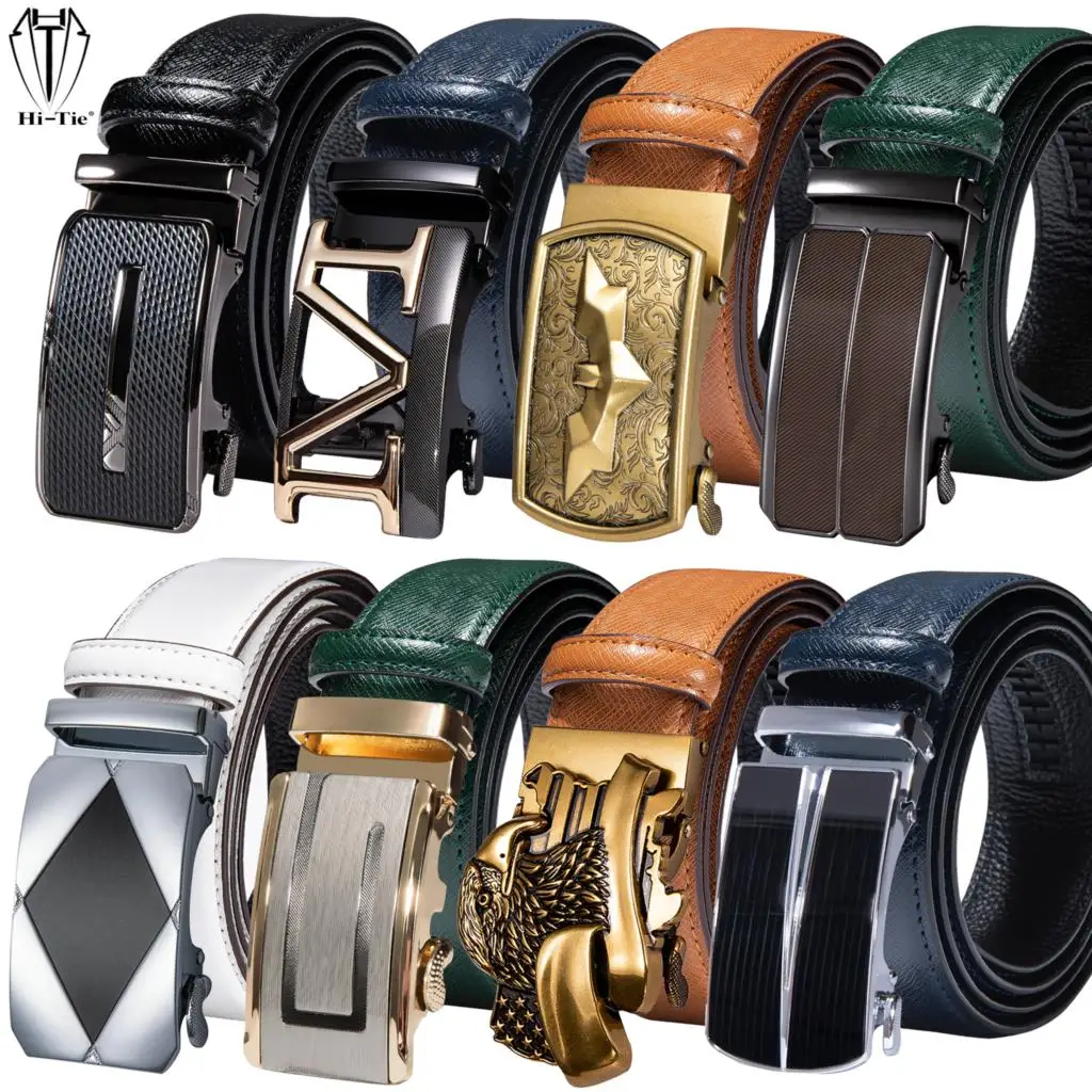 

Мужские кожаные ремни HiTie, коричневый, синий, белый, зеленый, черный автоматический пояс с пряжкой, ремни для мужчин, официальные, повседневн...