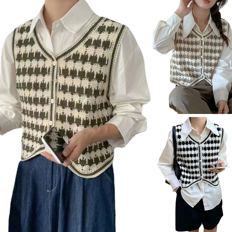 

Women Vest Retro Pastoral Style Fresh Printing V Neck Knit Sweater Fashion Tops