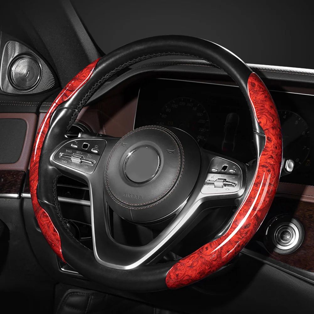 

Car Steering Wheel Cover Non-slip Leather 38cm 15 Inch Universal Wood Grain Steering Wheel Booster Red Car Accessories