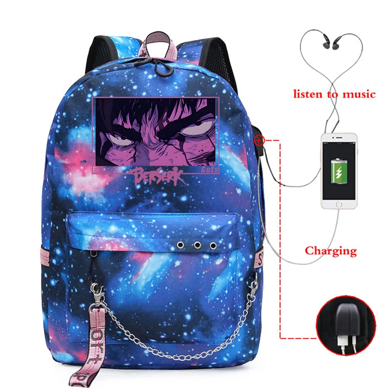 

Anime Mochila Berserk Guts Eyes Schoolbag Anime Usb Port Backpack Travel Bag Kawaii School Bags for Teenager Mochila Escolar