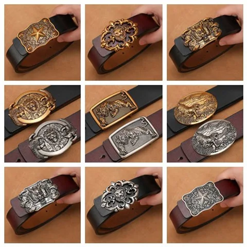 105-150CM Plus Size Vintage Pure Cowhide Faucet Belt for Men's Cowhide Smooth Buckle Personalized Fashion Belt