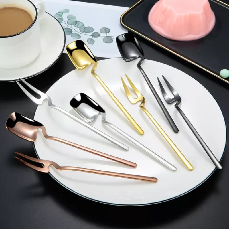 

1pcs 304 Stainless Steel Coffee Spoon Gold Plated Fork Hanging Cup Honey Spoon Dessert Fruit Fork Comfortable Handle Kitchen