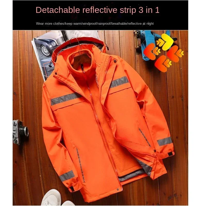 Customized three in one thick reflective jacket with winter stormtrooper windproof work suit printed logo