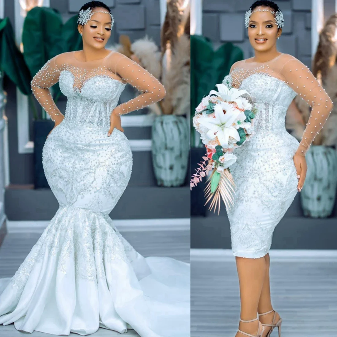 Фото Русалка Aso Ebi, съемная юбка, свадебное платье, иллюзия, длинные рукава, аппликации, жемчуг, Нигерия, свадебные платья для девочек №1