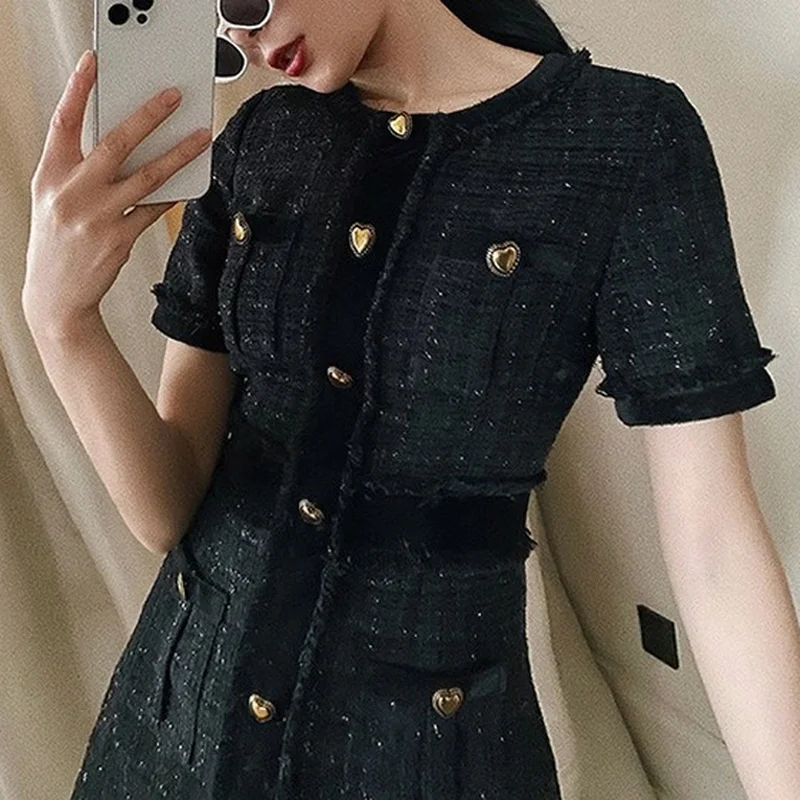 

2022 New Vintage Tweed Small Fragrant Bodycon Black Short Sleeve Single-breasted High Quality Temperament Green Dress for Women