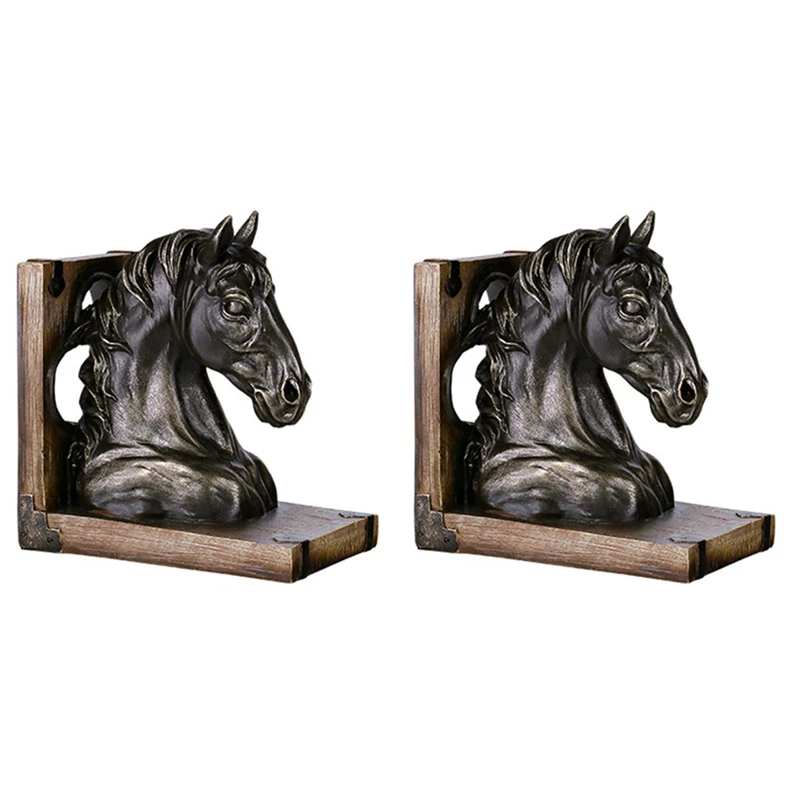 

2X American Retro Horse Head Bookend Ornaments Resin Antique Figurines Home Book Shelf Decoration Book Stand Crafts A