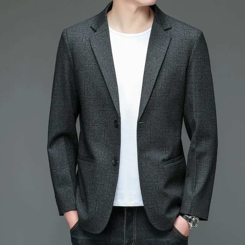 Men Dark Gray Shadow Pattern Blazers Spring Autumn Slim Fit Straight Jacket Suit Male Leisure Business Outfits Classical Garment