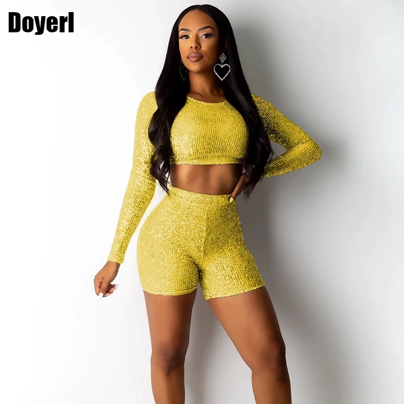 

Sequin Bodycon Two Piece Set Women 2022 Autumn Winter 2 Piece Sexy Club Outfits Set Long Sleeve Crop Top and Short Matching Sets